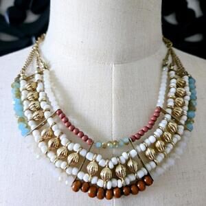 Blue Gold Tone Beaded Bib Necklace